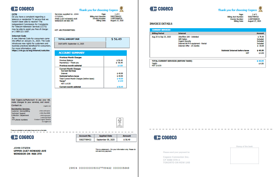 Canada Cogeco utility bill template in Word and PDF formats, 2 pages
